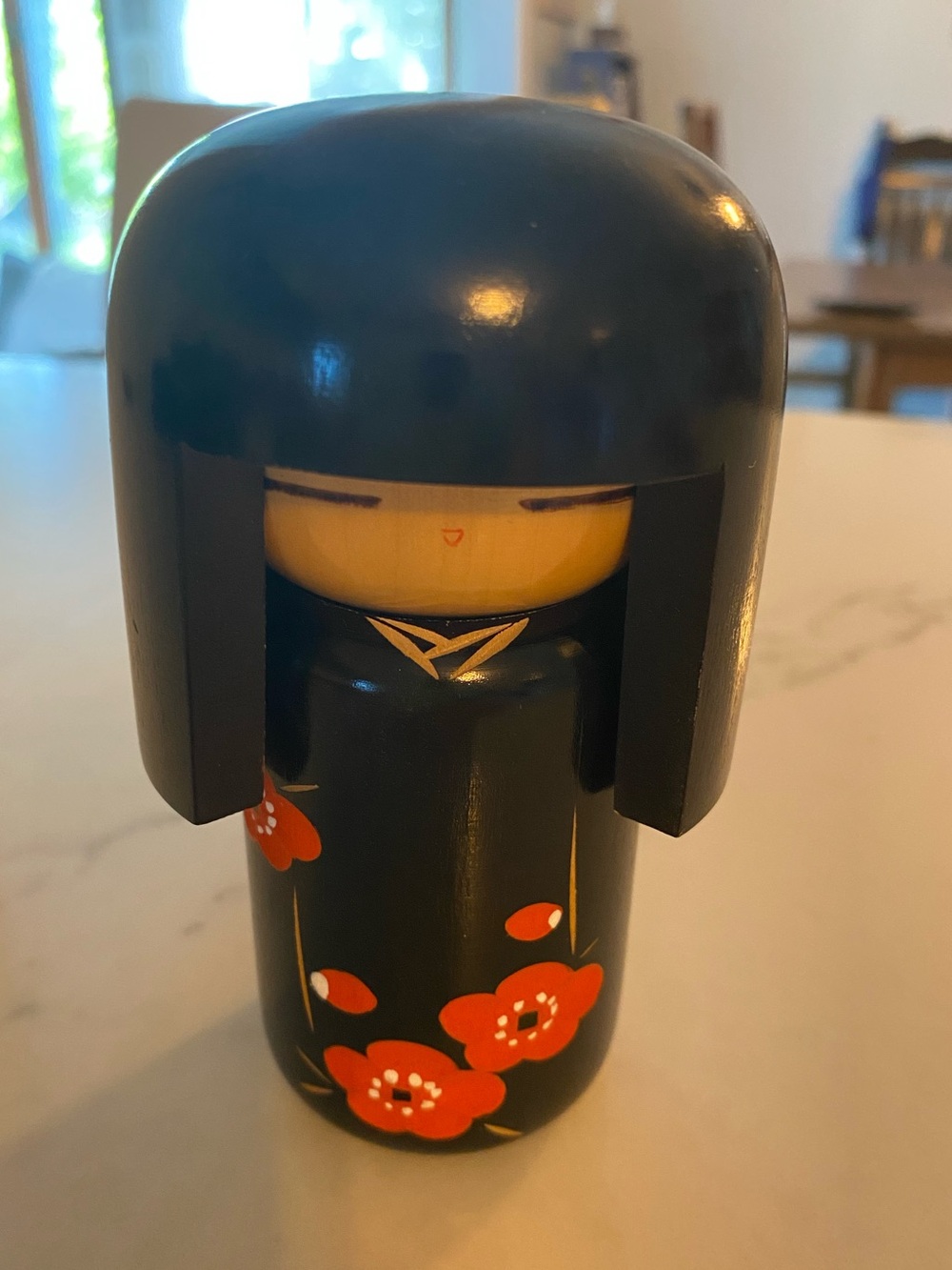 Vintage Japanese Kokeshi Doll 2 Piece Wood Carved Floral Black Red Poppies